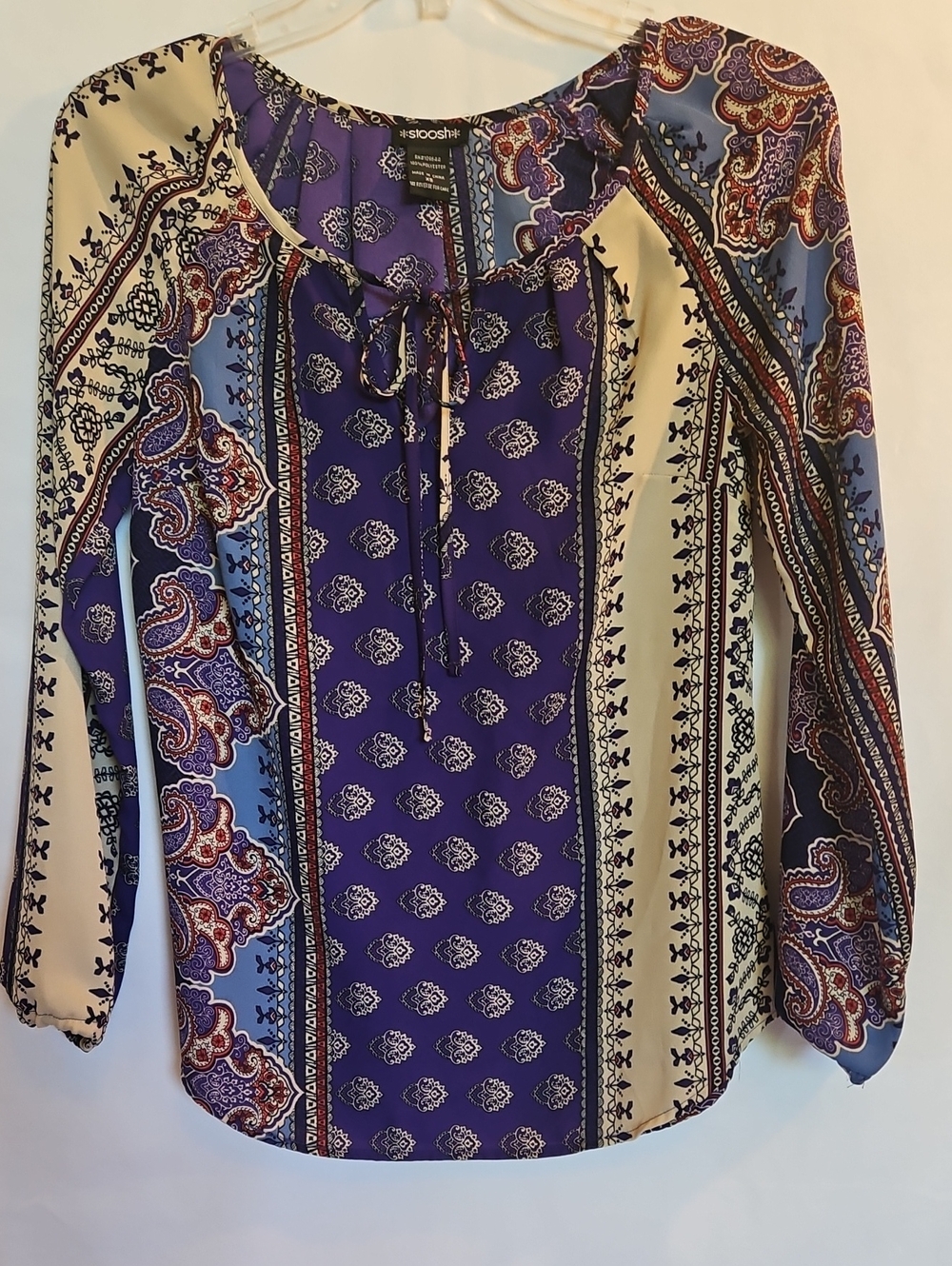 Stoosh Purple and Cream Paisley Tie-Neck Long-Sleeve Blouse